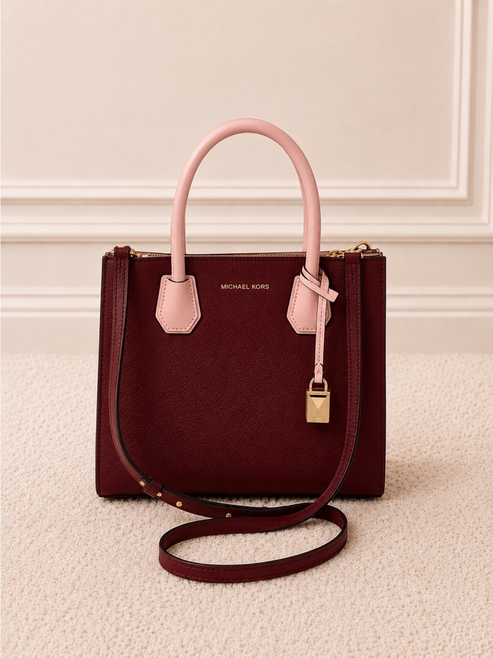 Michael Kors Mercer Tri-Color Pebbled Leather Accordion Tote Pink and Burgundy